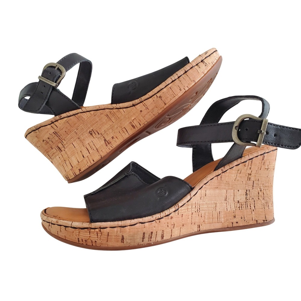 Born Black Leather Cork Wedge Sandals